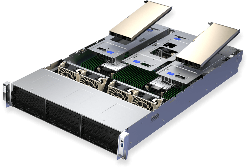 Supermicro 2U Enterprise Data Center system ARS-222GL-NR, angled view with GPUs pulled out