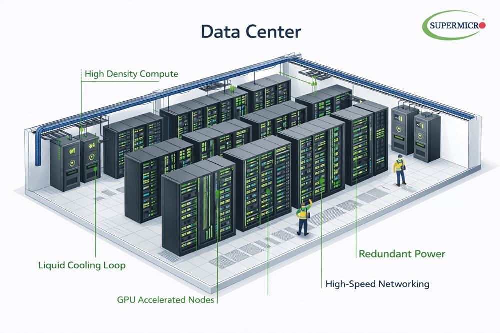 un esquema de la configuración de un centro de datos con servidores de Supermicro