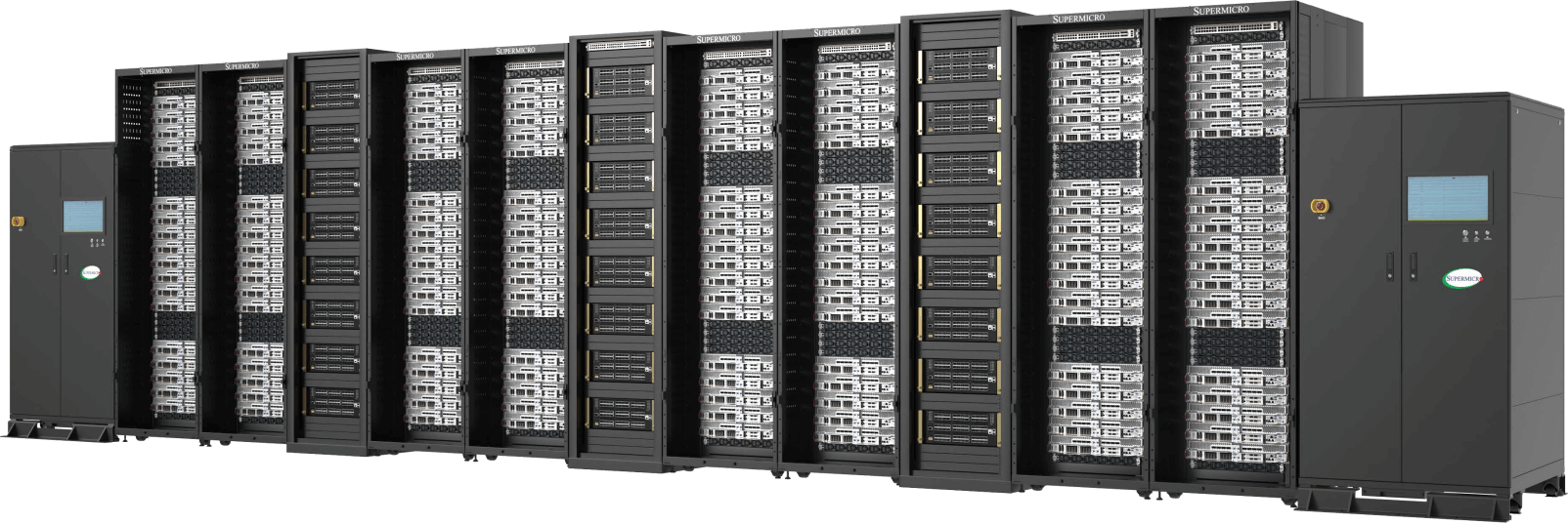 144 NVIDIA HGX B300 8-GPU, 2-OU Liquid-cooled Systems (1152 GPUs) in 11 Racks along with two in-row Cooling Distribution Units (CDUs)